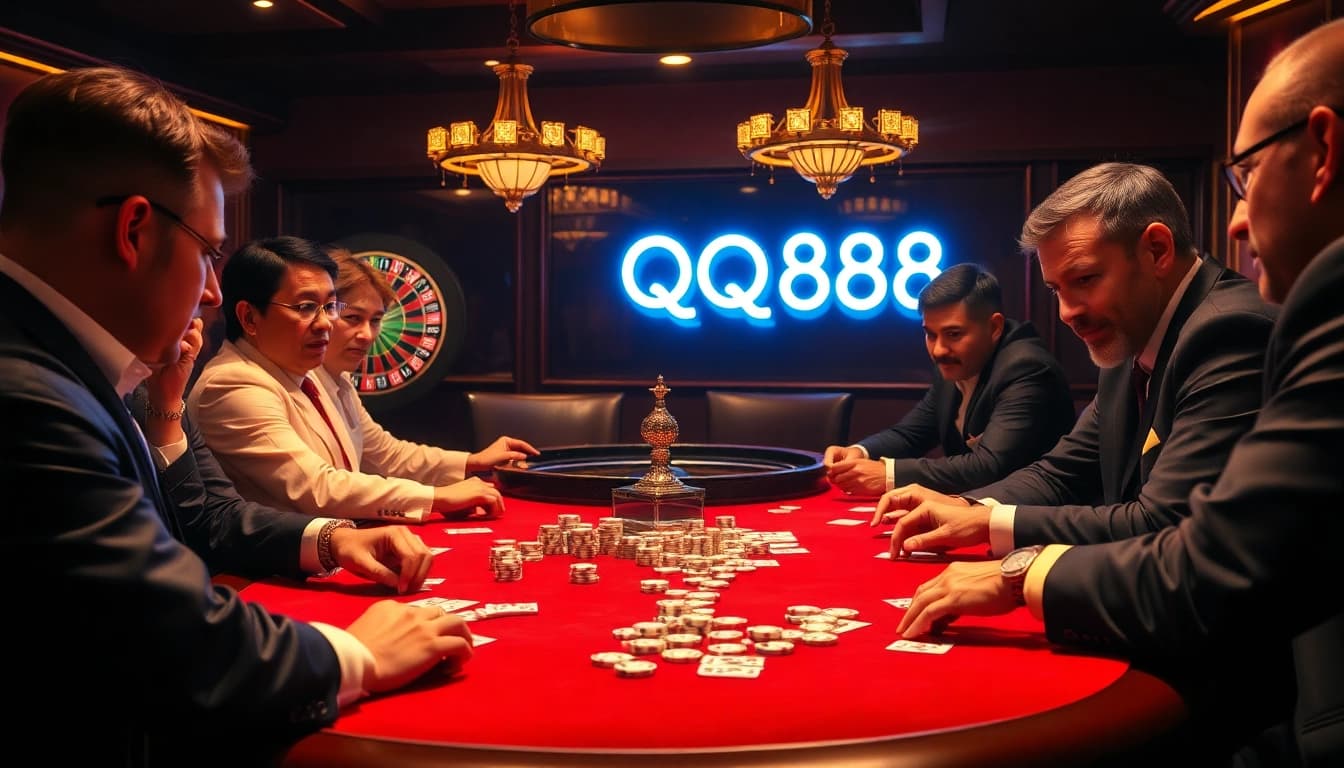 Players engage in a thrilling poker game at QQ88 casino, surrounded by rich decor and vibrant atmosphere.