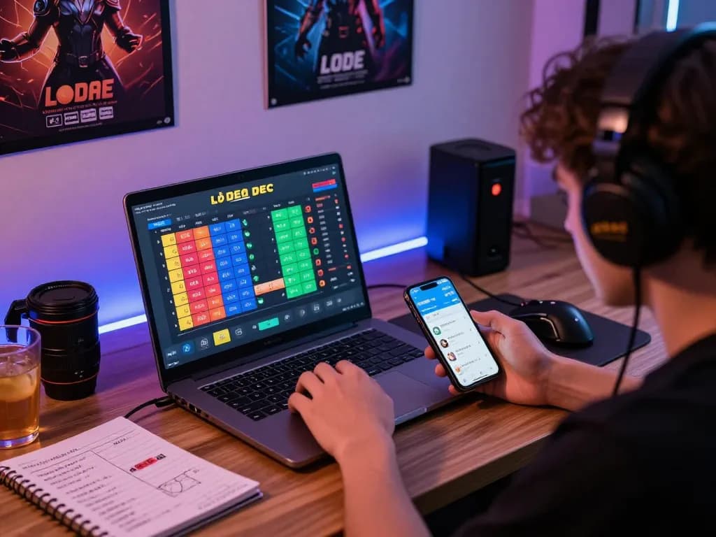 Engaging with lô đề online platform with colorful charts and gaming accessories in a cozy atmosphere.