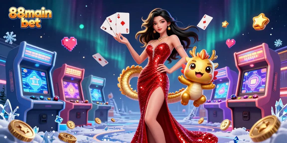 Terlibat dalam dunia dinamis 88main bet dengan ilustrasi menakjubkan seorang wanita percaya diri dan naga emas yang menunjukkan kegembiraan kasino.