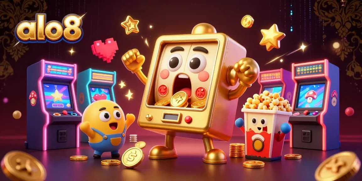 Alo8 slots machine hits jackpot, surrounded by cheering baby slots and arcade games for excitement.