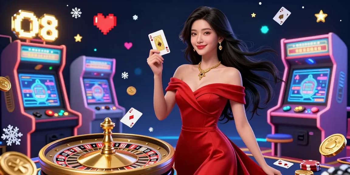 O8 showcases elegant casino experience with a beautiful woman holding a playing card and a roulette wheel.
