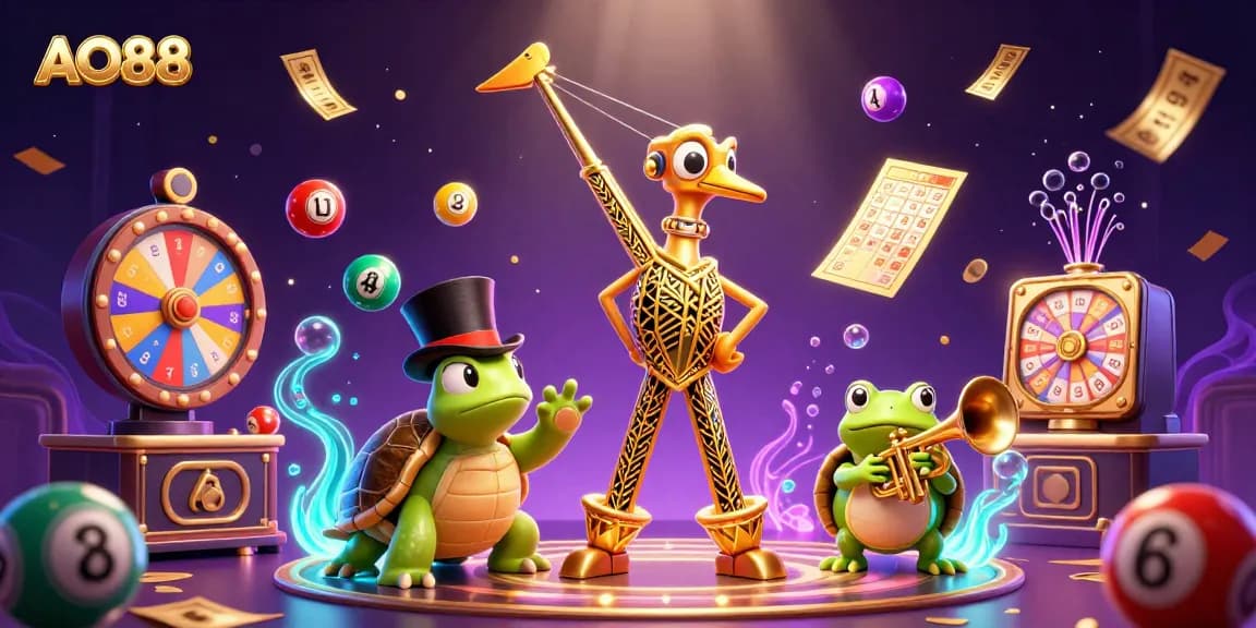 Experience the excitement of AO88 with bouncing lottery balls and celebratory elements at a vibrant casino scene.