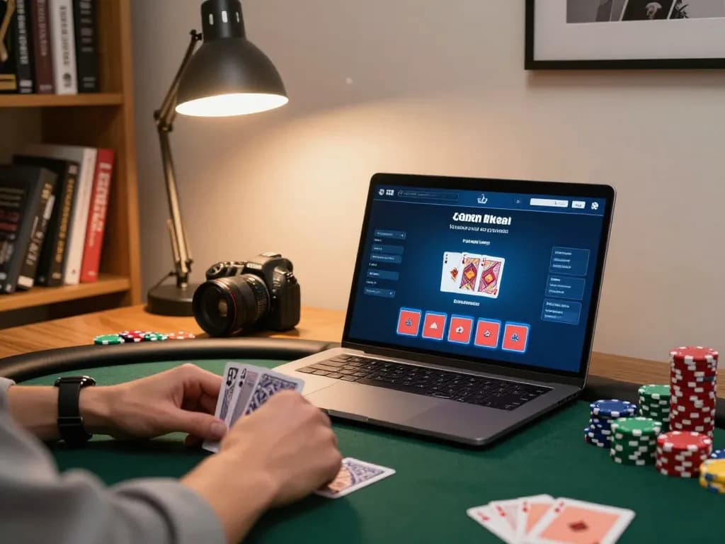 Players engaging in strategic poker gameplay on kp88 platform at home, focusing on cards and bets
