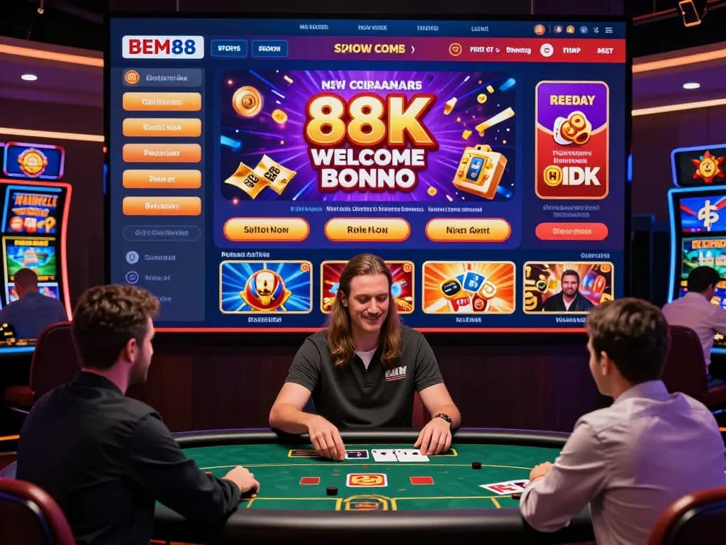 BEM88 online gambling platform showcasing a vibrant casino experience with live dealer games, slots, and sports betting promotions.