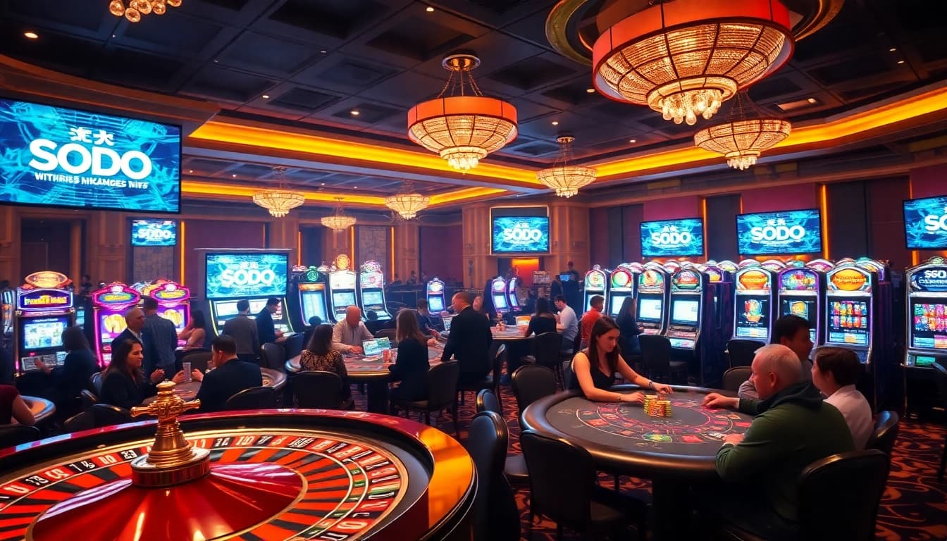 SODO Casino scene with players engaged in poker and roulette, showcasing excitement and winning strategies.