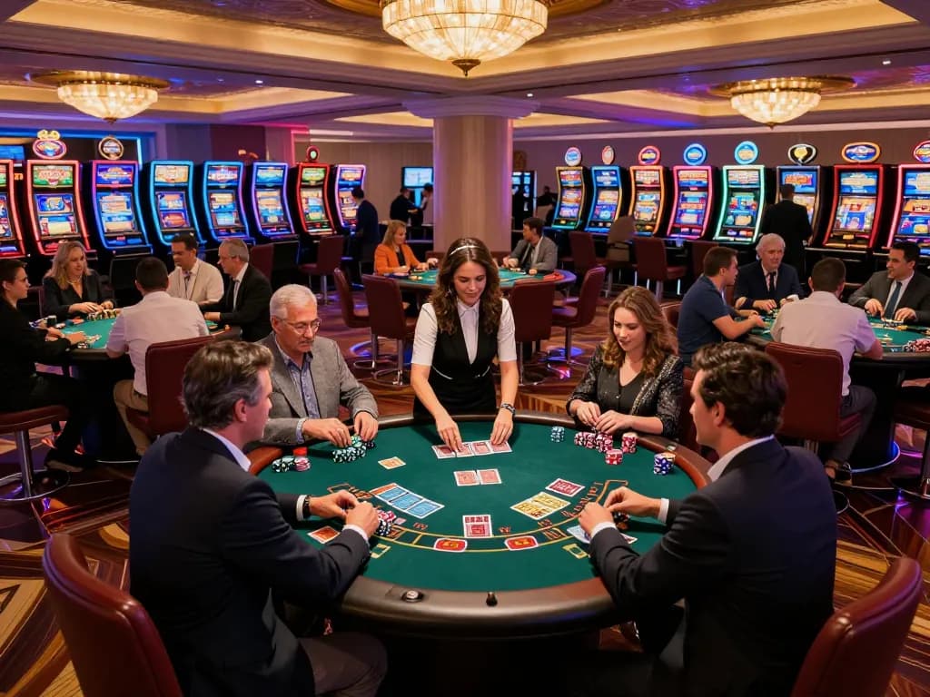 soibetzz players enjoying blackjack at an upscale Las Vegas casino table amidst vibrant atmosphere