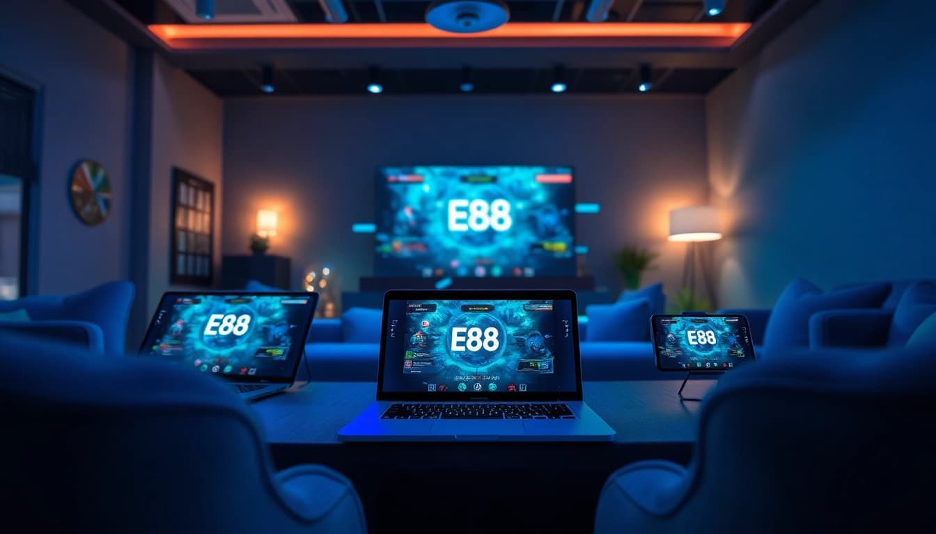 E88 game online gaming interface on modern devices in an engaging lounge setting.