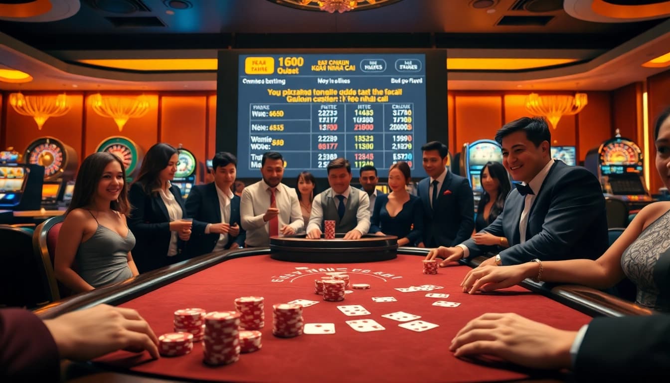 Engaging players enjoy kèo nhà cái at a luxurious poker table in a vibrant casino setting.