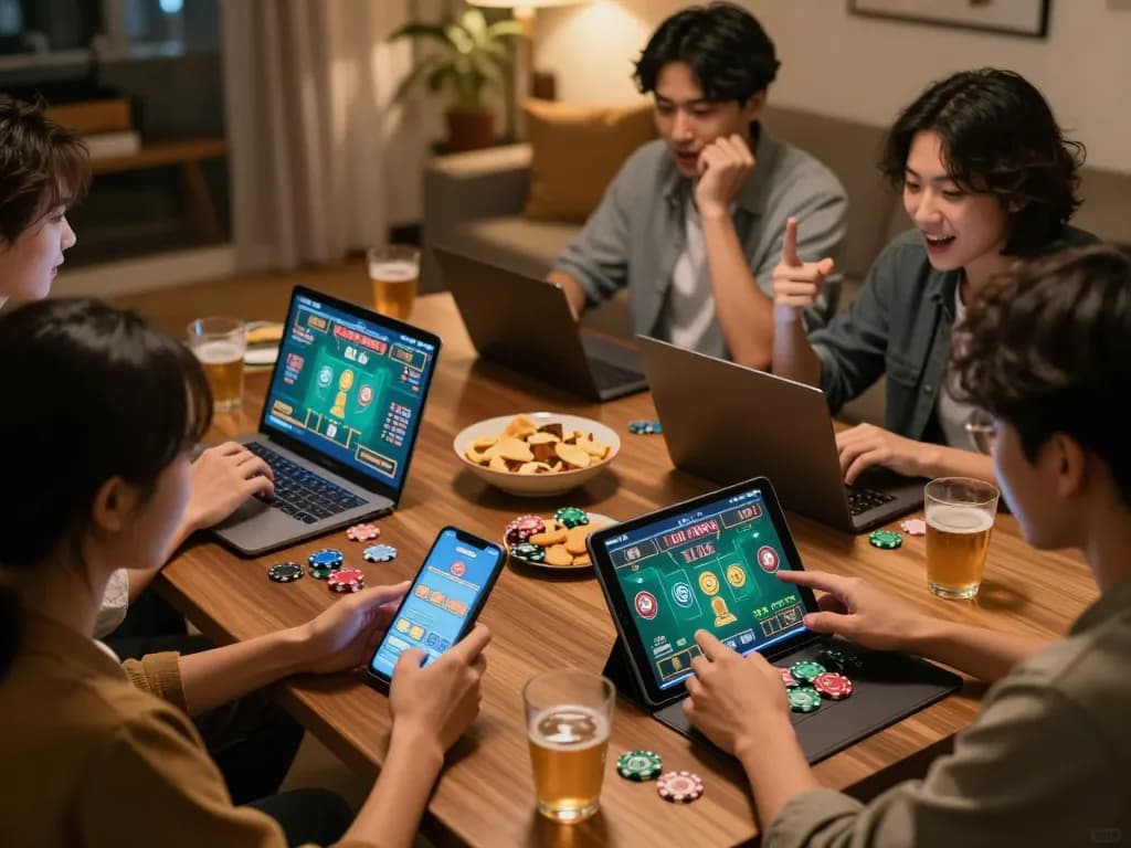 Tài xỉu online game interface engaging friends in a lively home setting, fostering fun and strategic play.