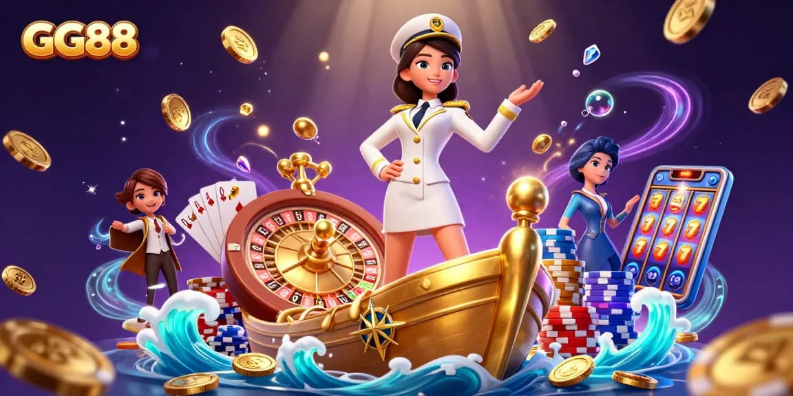 Experience the thrilling gaming world of GG88 with a captivating 3D scene featuring dynamic casino elements.