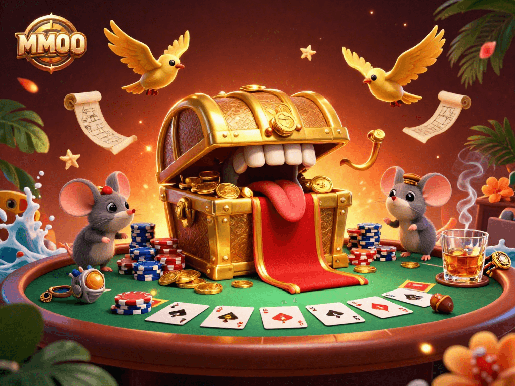 Engage in thrilling poker action at MMOO with a treasure chest inviting adventure.