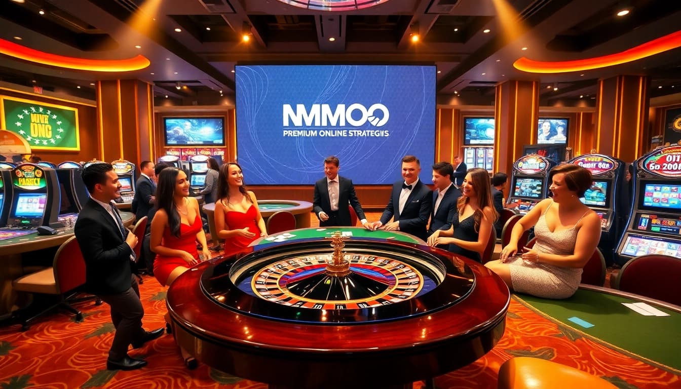 Experience the thrill of mmoo casino with players engaged at a roulette table surrounded by exciting games.