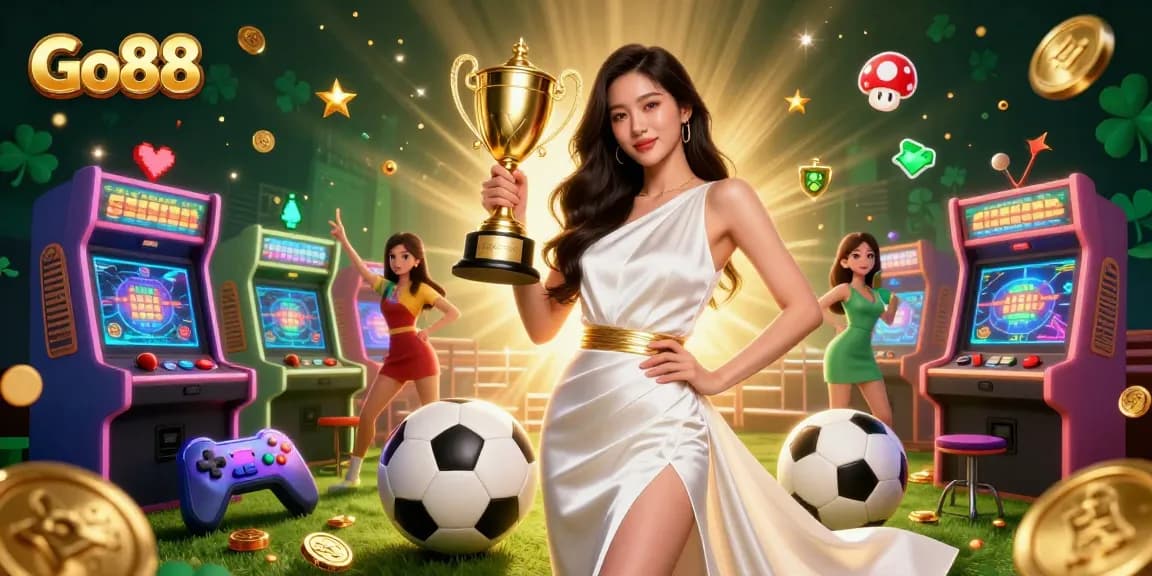 Experience the thrill of Go88 with an Asian woman celebrating a sports betting victory in a dynamic casino scene.