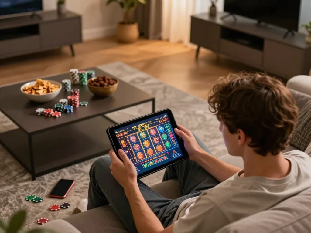 Engaged player using abc8go casino app on a tablet amidst a cozy gaming setup.