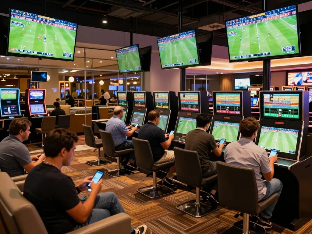 Excited bettors analyzing kèo nhà cái in a vibrant sports betting lounge with multiple screens.
