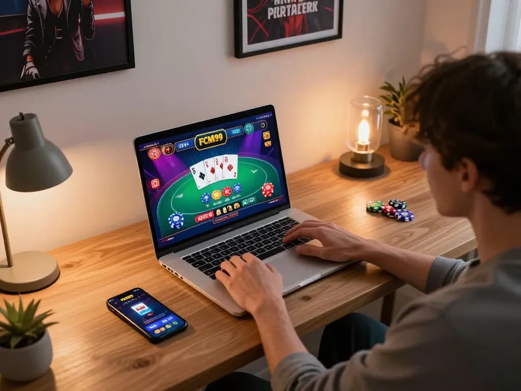 Player engaged in online gaming at FCM99, showcasing poker interface on laptop with colorful chips and cards.