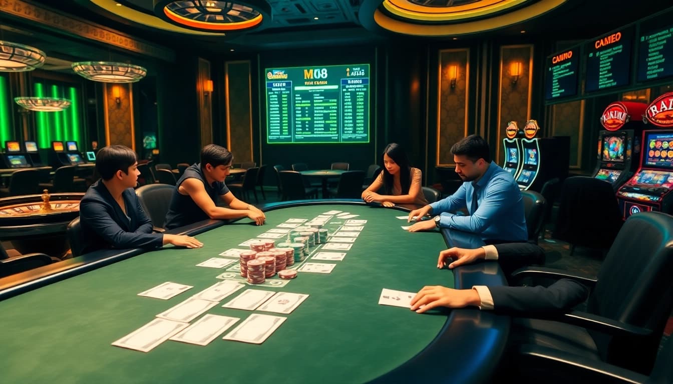 Players strategizing for big wins at an MK8-themed poker table in an elegant casino.