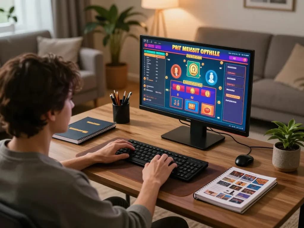 Kuwin player engaged in strategic online casino gaming from a cozy home setup with colorful interface.