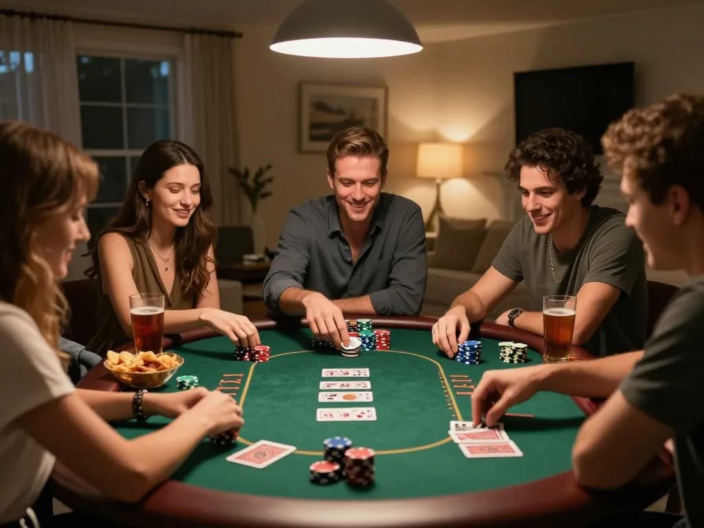 Friends enjoying a lively poker game at home, showcasing OK9's engaging gambling experience.
