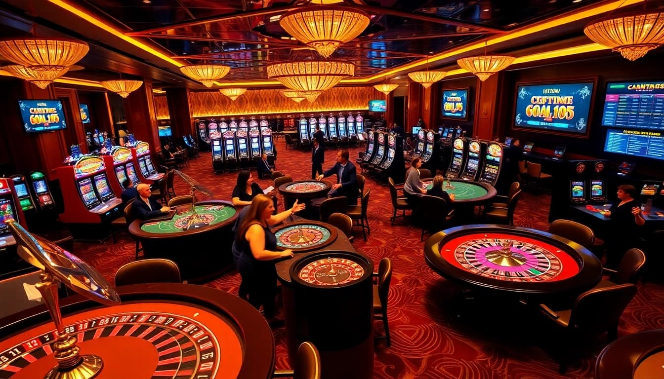 Exciting casino atmosphere at https://88aa.law/ with players engaging at roulette and slot machines.