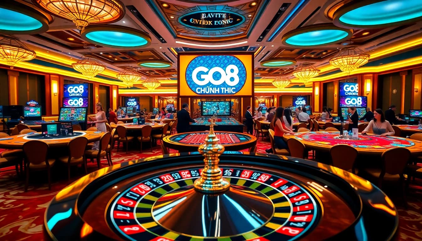 Experience the excitement of GO8 CHÍNH THỨC in a vibrant casino scene with roulette and lively players.
