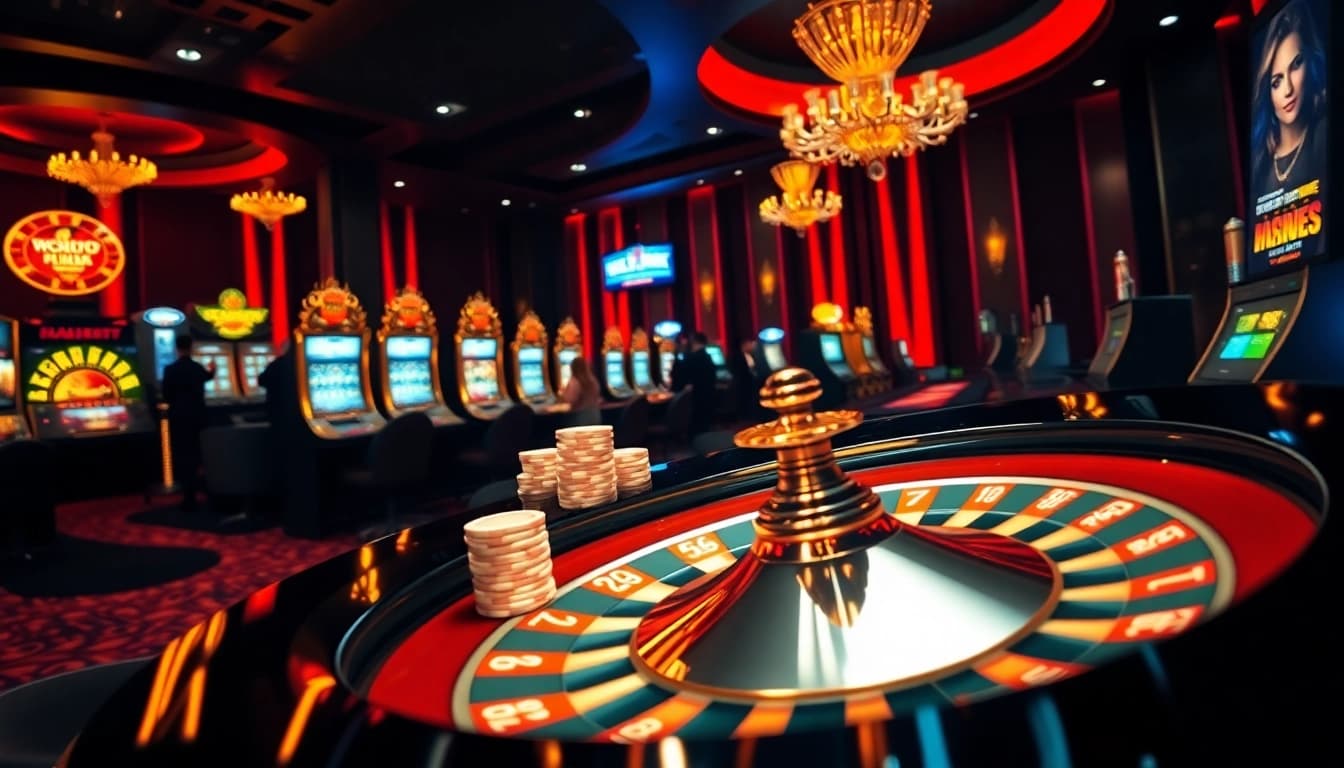 Experience the thrilling action of uu88 in a vibrant casino scene featuring roulette, slots, and poker chips.