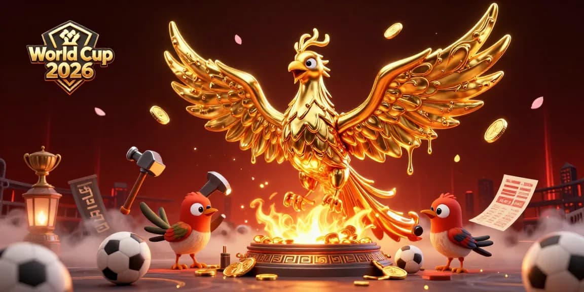 Celebrate World Cup 2026 with a vibrant scene featuring a golden phoenix and dynamic sports elements.