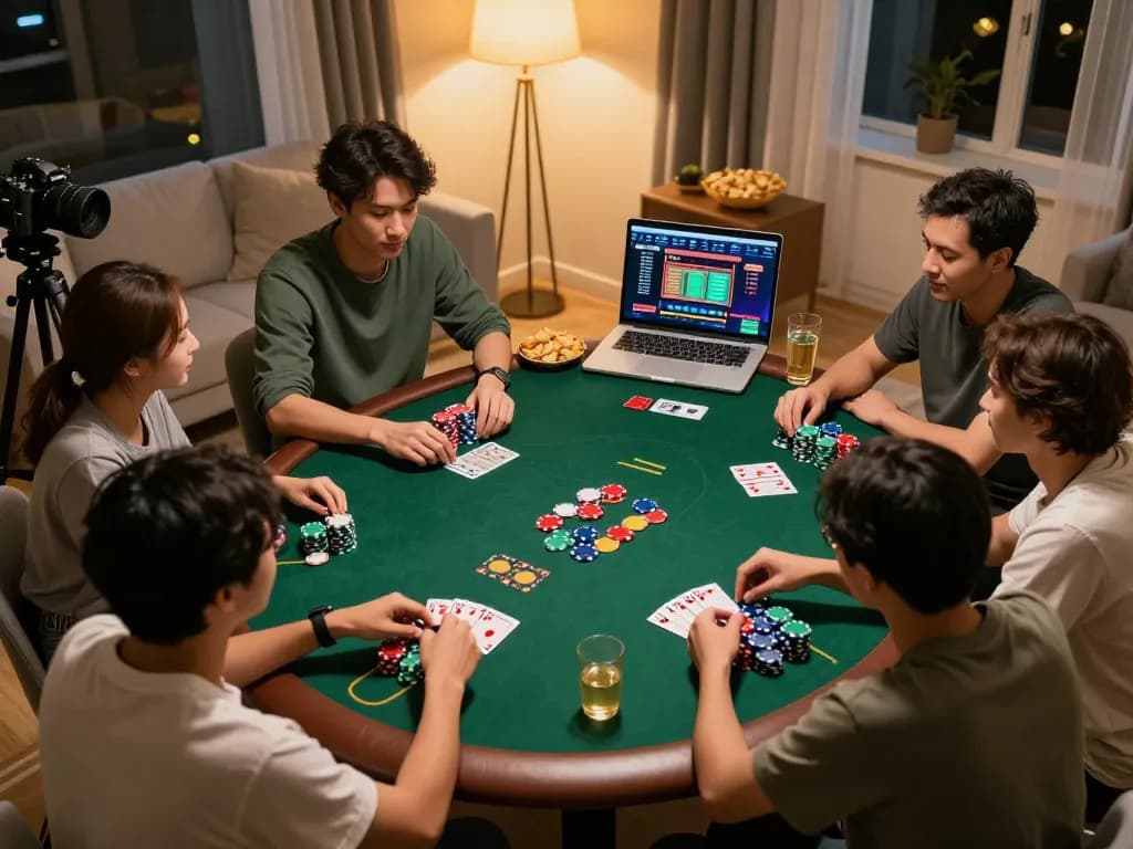 Cakhiatv app displayed on laptop during a friendly poker night, highlighting strategic gameplay.