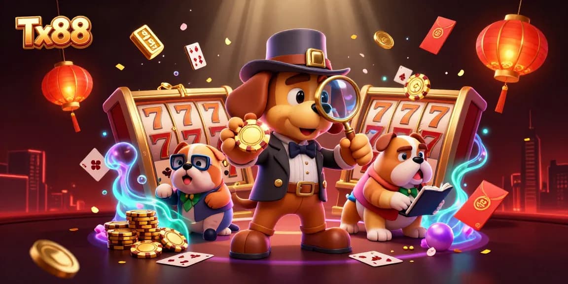 Experience Tx88 excitement with cartoon detective clues and casino elements in a vibrant 3D illustration.