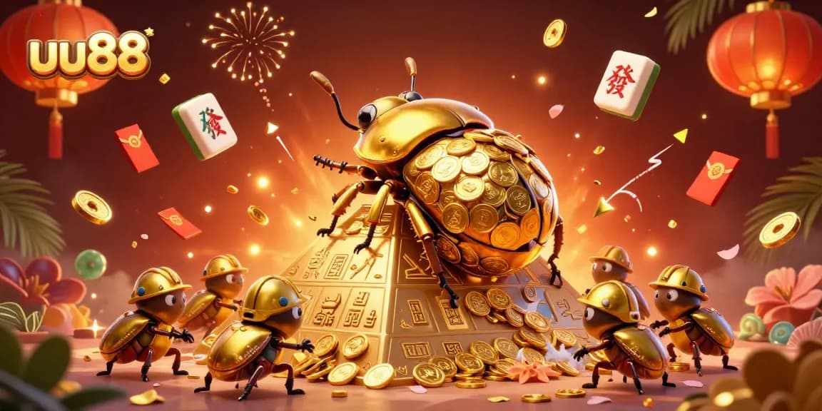 Enjoy thrilling adventures at uu88, where golden beetles roll coins amidst exciting casino symbols.