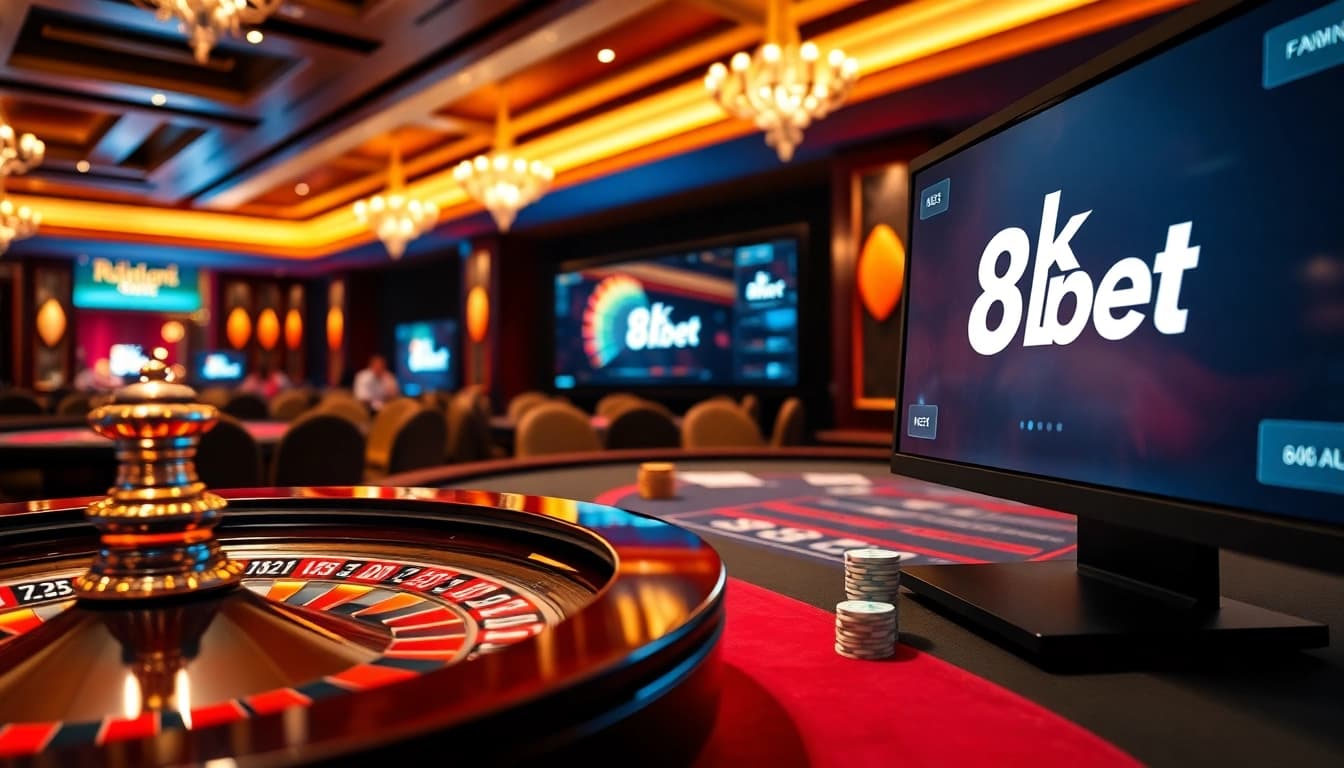 An immersive 8kbet online gaming experience with poker chips and roulette wheel.