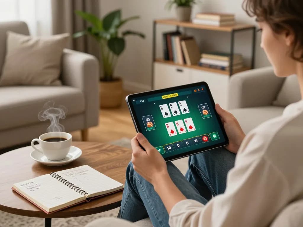 Enjoying a poker game on tablet, showcasing 13Win's dynamic online gambling experience in a cozy home setting.