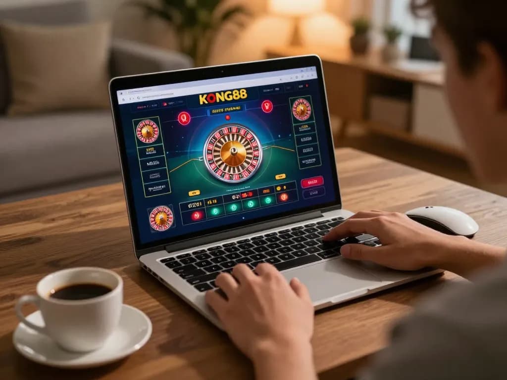 KONG88 player placing bets on an online roulette table during cozy evening gaming session.