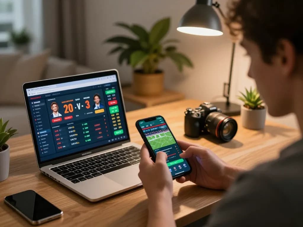 Engaging sports betting activity using the tylekeonhacai88 app on a smartphone in a stylish home setting.