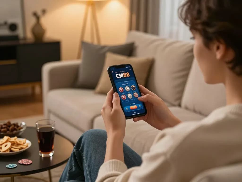 Engaging lifestyle view of CM88 mobile app being played for thrilling online casino gaming at home.