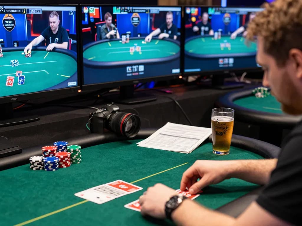 Engaging online poker gameplay on a multi-screen setup, showcasing qq88 strategies in action.