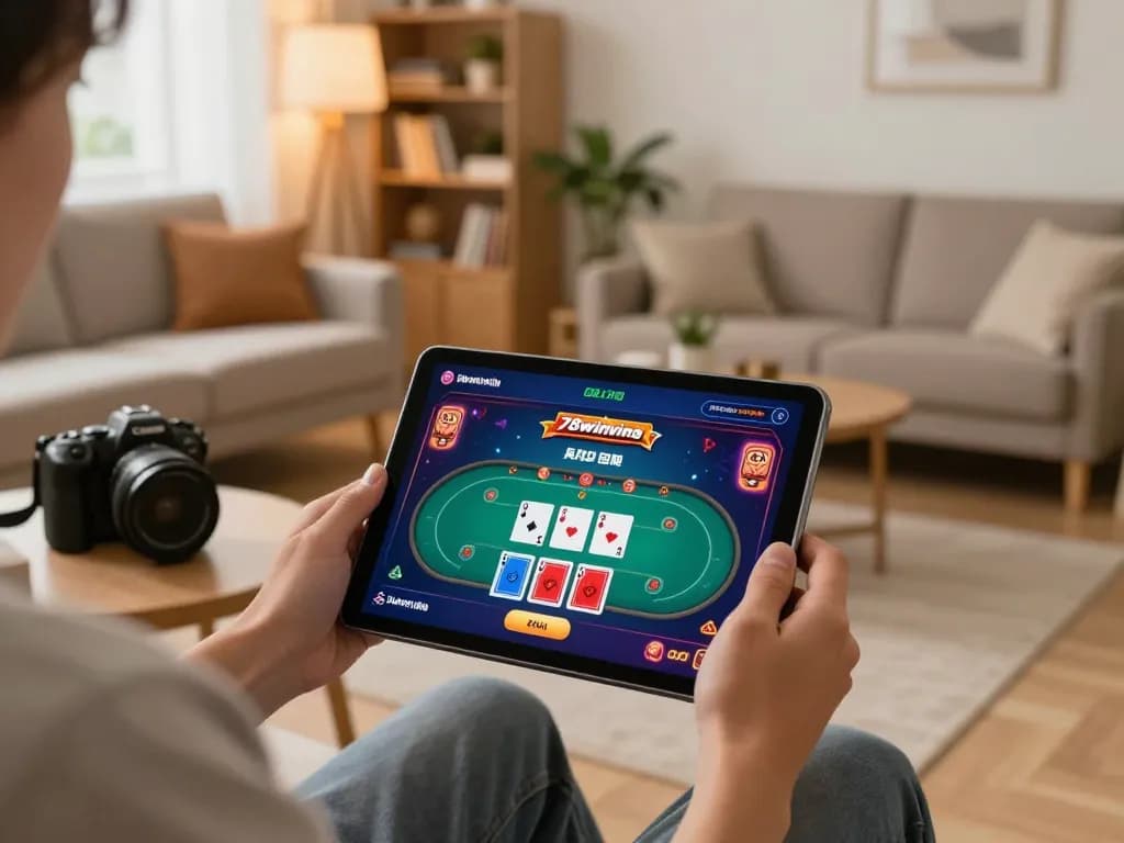 Player enjoying online gambling on the 78winvina app in a cozy home setting with tablet and snacks.