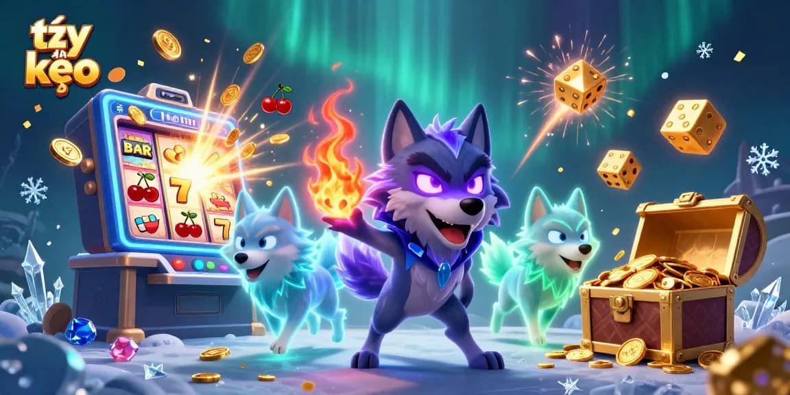 Experience the thrilling tỷ lệ kèo with a vibrant scene featuring a shadow wolf and exploding casino elements.