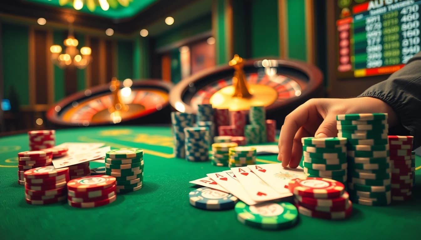 Excitement of kqbd action at a luxury casino poker table with cards and chips.