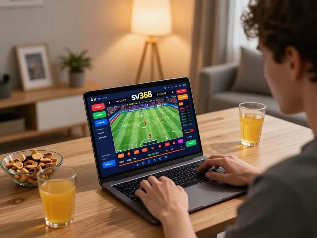 Player engaging in sports betting on sv368 casino app in a stylish home office setting.