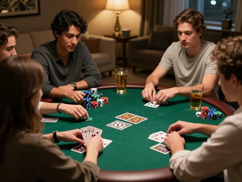 Friends enjoying a poker night at home, showcasing the excitement of O8 gaming.
