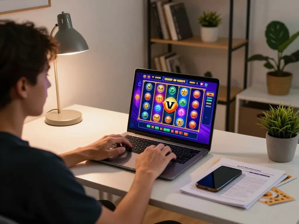 Experience Slot Malaysia action with a player engaged at a laptop, showcasing vibrant reels and strategy notes.