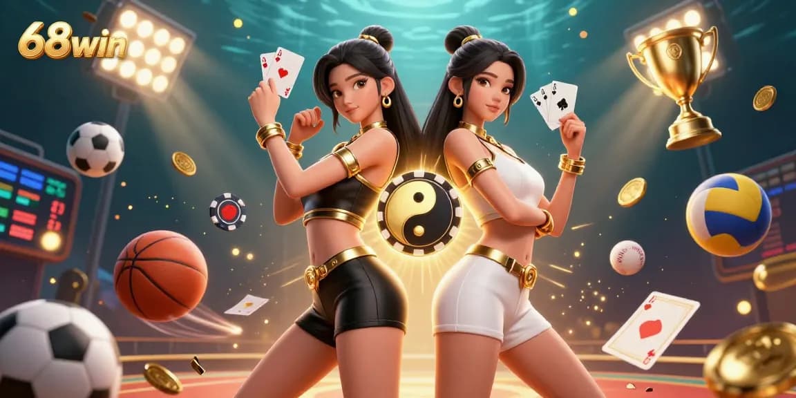 Engage in thrilling online games at 68win with stunning Asian twins showcasing power poses and cards.