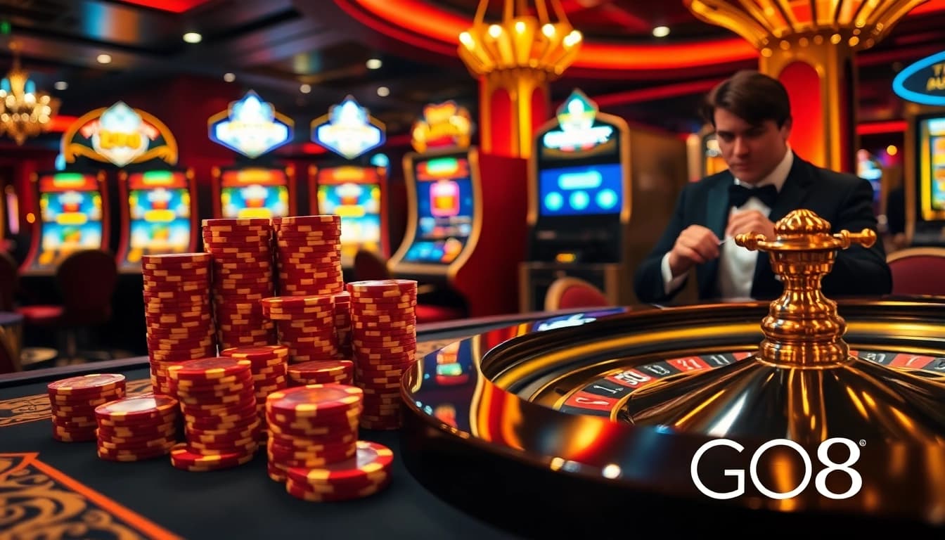 GO8 gaming scene with luxurious poker chips and roulette wheel showcasing excitement