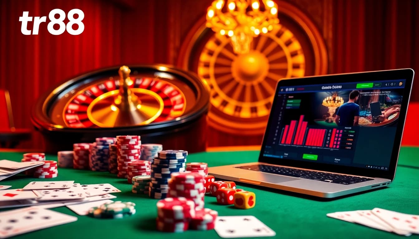 Experience thrilling gameplay with TR88 casino chips, cards, and a roulette wheel in a vibrant setting.