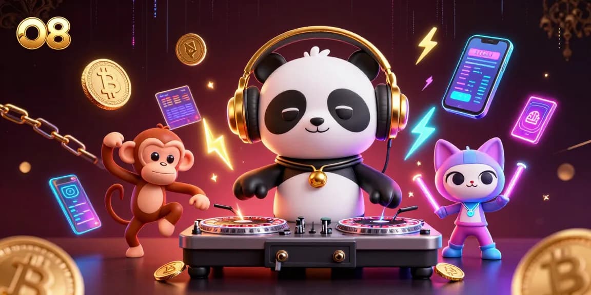 Experience excitement at O8 casino with a DJ panda and vibrant 3D gaming elements.