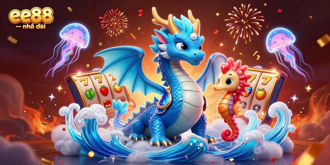 Engage in thrilling gameplay with ee88 -- nhà cái's vibrant 3D casino illustration featuring slot reels and magical characters.