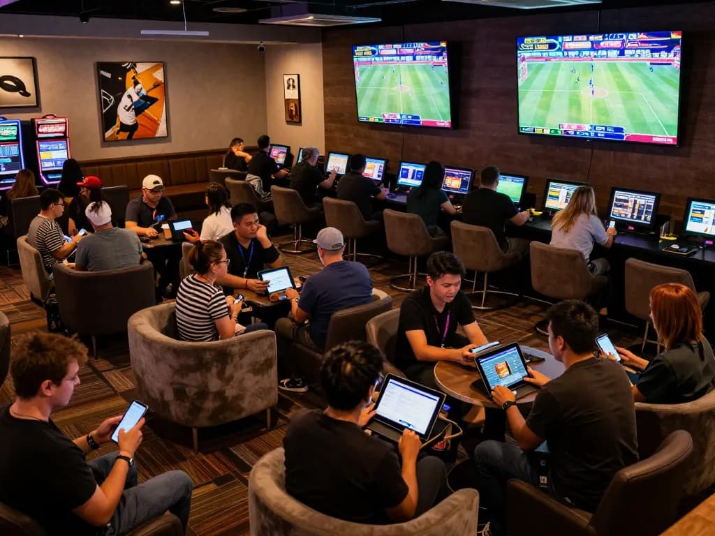 nhandinhkeonhacai enthusiasts strategizing bets in a lively sports betting lounge