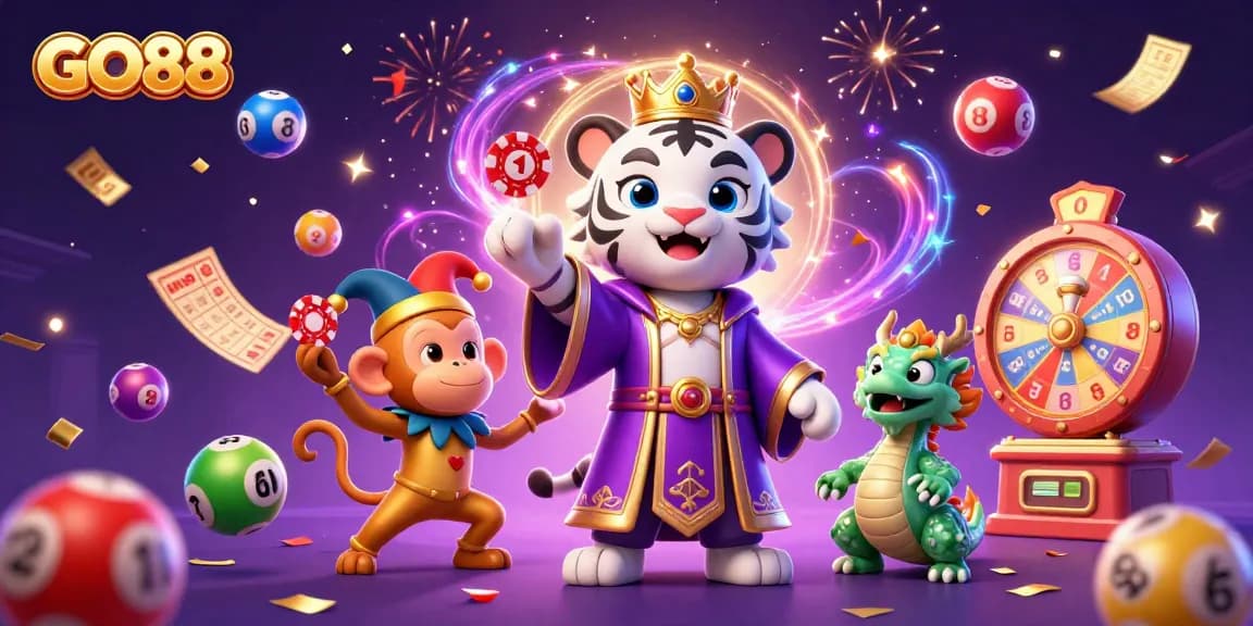 Engage with GO88's vibrant gaming atmosphere featuring a royal tiger, jester monkey, and lottery action.
