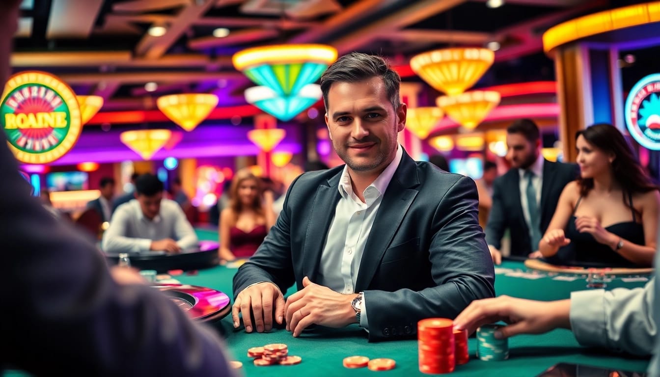RR88 gaming excitement captured with a dealer and players at a stylish casino.